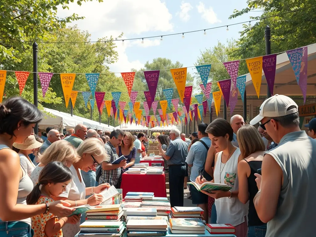 A photograph capturing a vibrant literary festival, with authors and attendees interacting, emphasizing the organization's role in promoting literary culture.