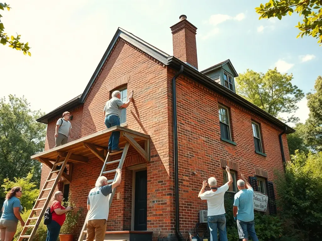 A photograph depicting a group of volunteers carefully restoring the exterior of a historic writer's house, with scaffolding and conservation tools visible. The scene is set during a sunny day, emphasizing the dedication and meticulous work involved in preserving literary landmarks.