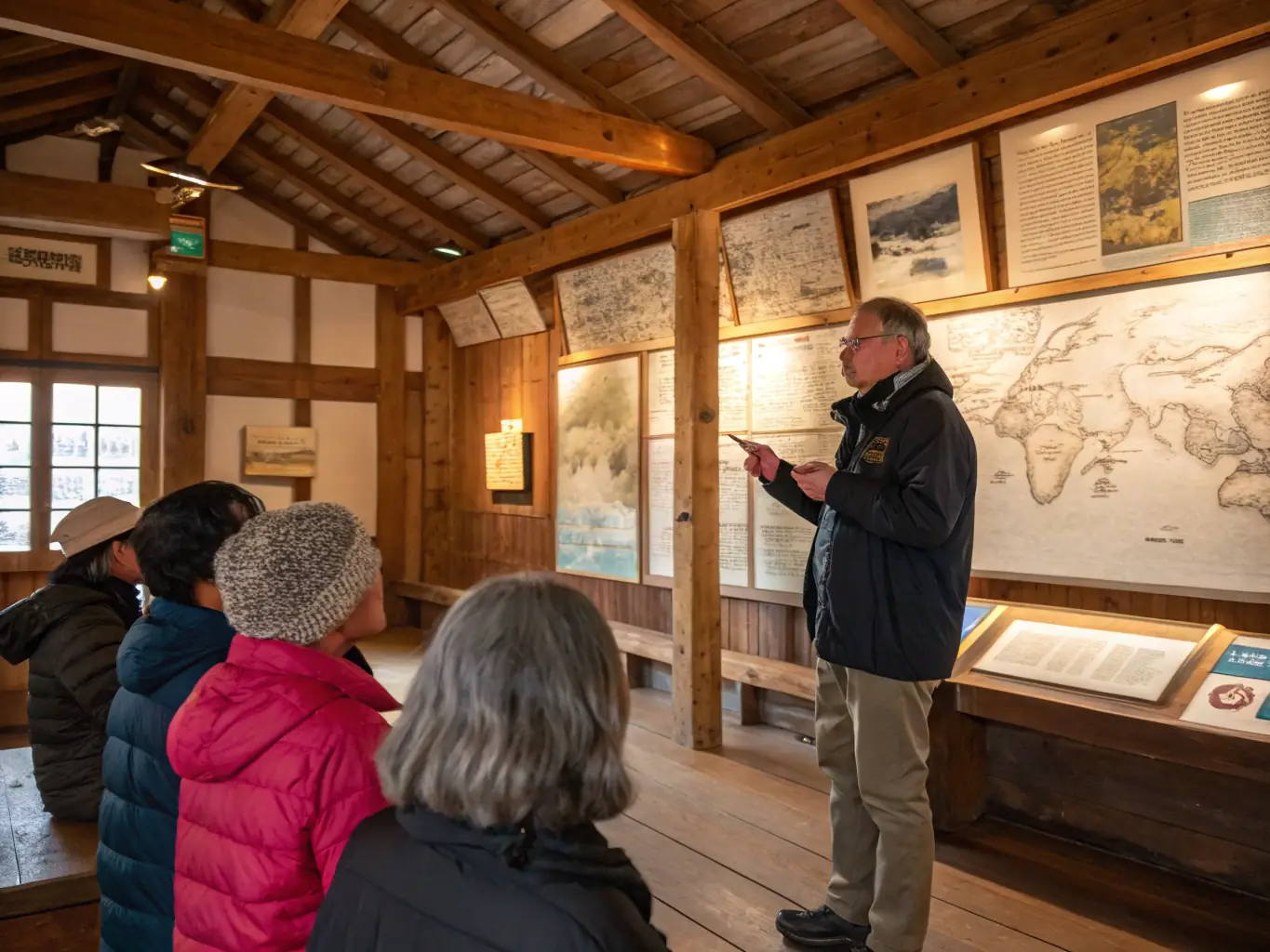 A photograph depicting a group of people participating in a guided tour of a writer's house, with a knowledgeable guide pointing out historical artifacts and sharing anecdotes about the writer's life and work. The scene is set in a well-preserved historical building with period furnishings.