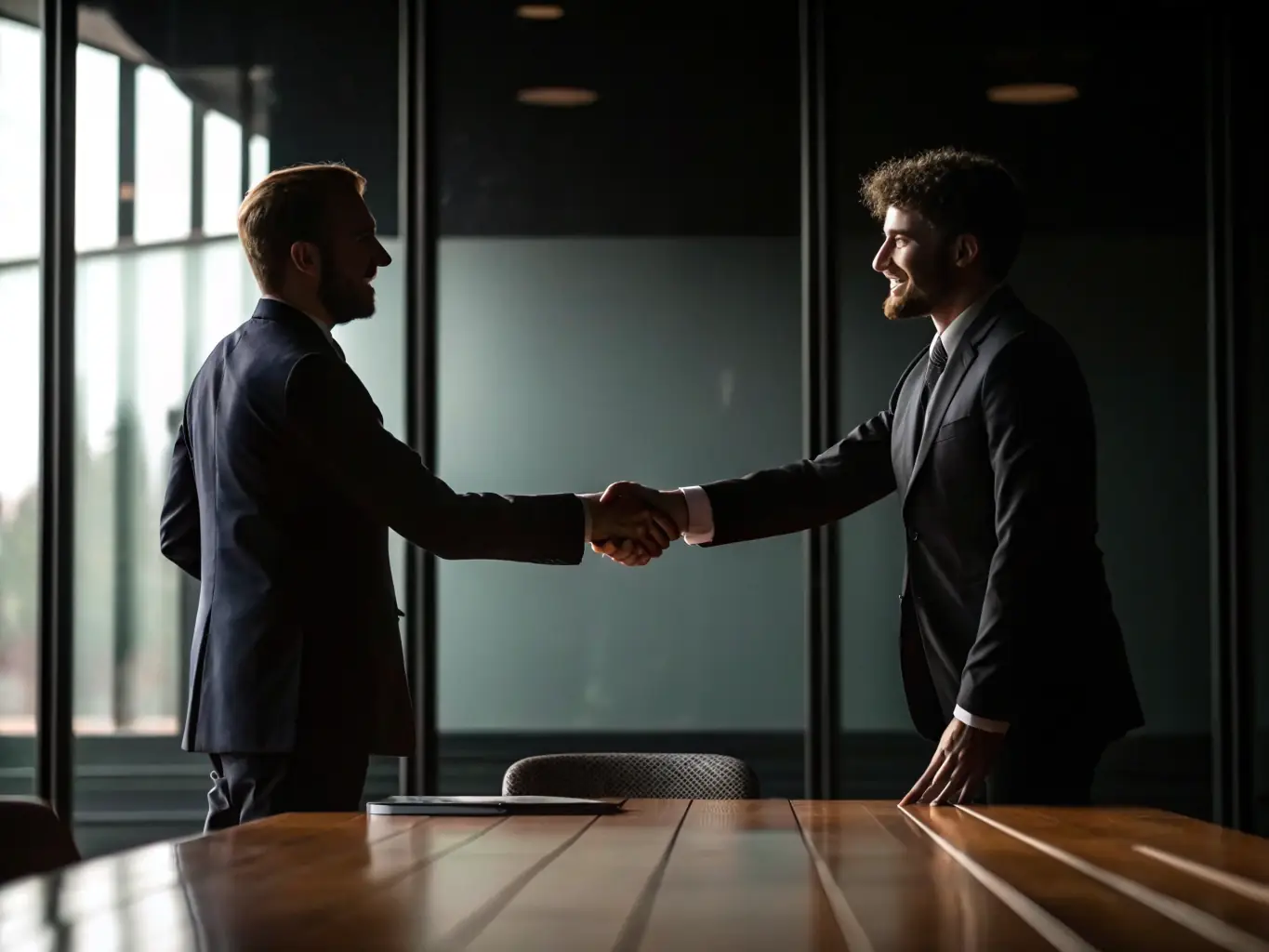 Two representatives from WRITERS' HOUSES LITERARY HERITAGE shaking hands with a representative from a corporate sponsor, symbolizing a partnership that supports literary preservation.