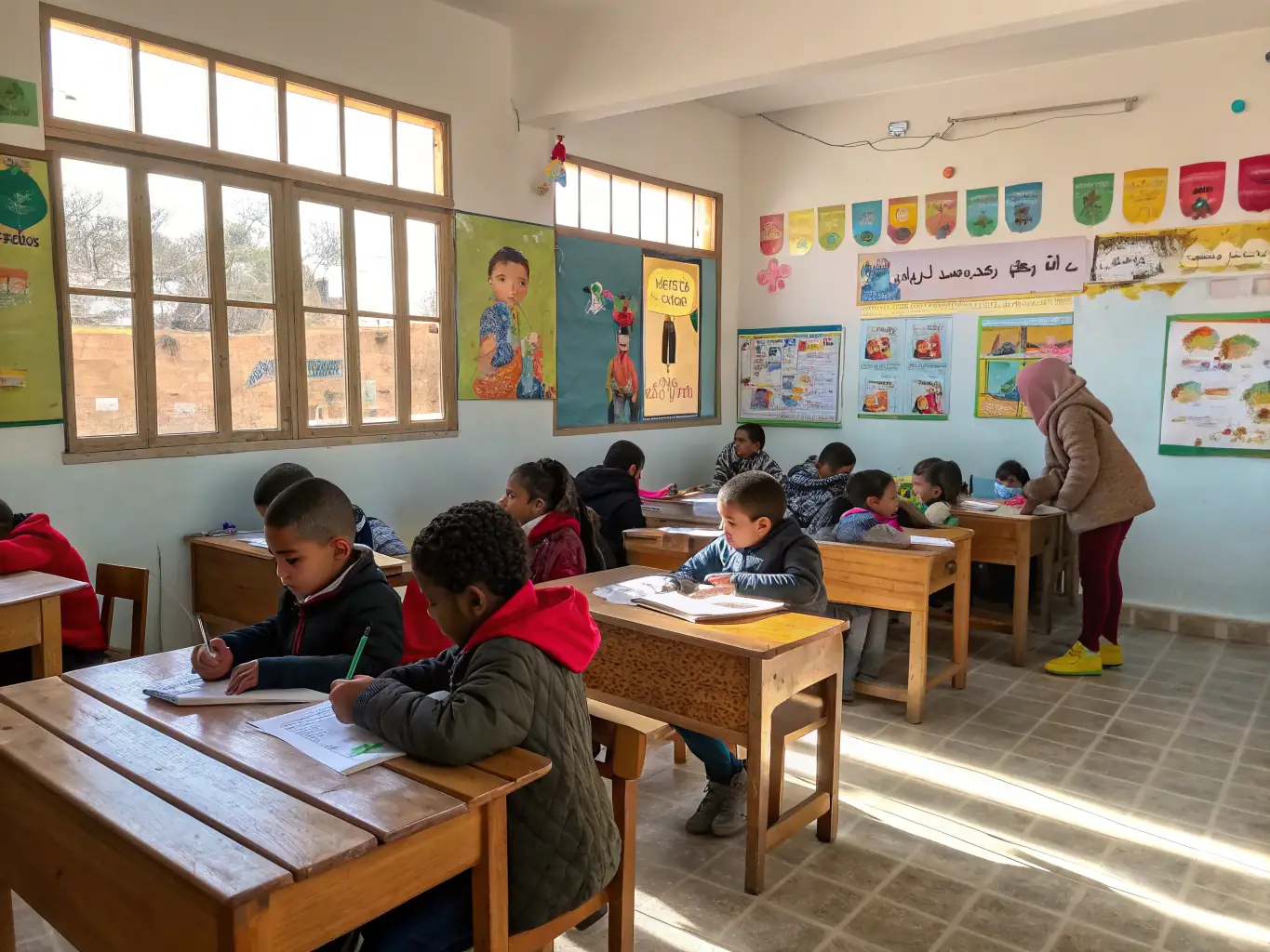 A photograph showcasing a group of students participating in a creative writing workshop held at a writer's house. The students are engaged in writing exercises, with an instructor providing guidance and feedback. The setting is a bright and inspiring space conducive to creativity.