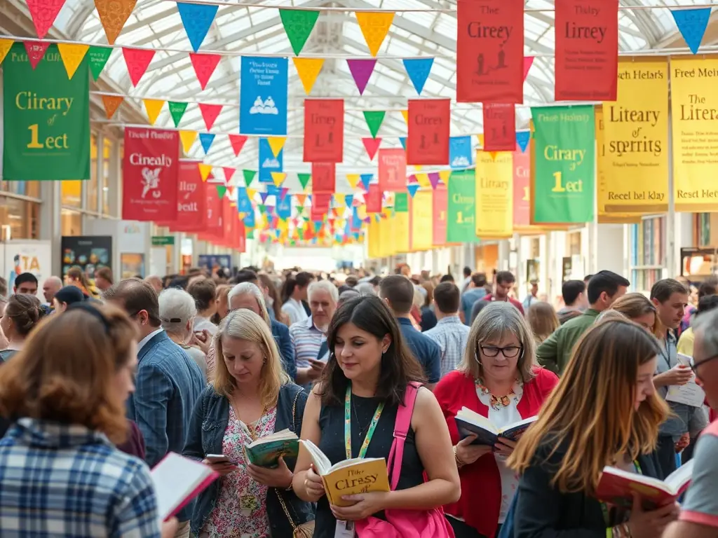 A vibrant image showing a literary festival in full swing, with authors giving readings, book stalls bustling with activity, and attendees of all ages engaged in discussions. The scene captures the energy and excitement of celebrating literary culture.