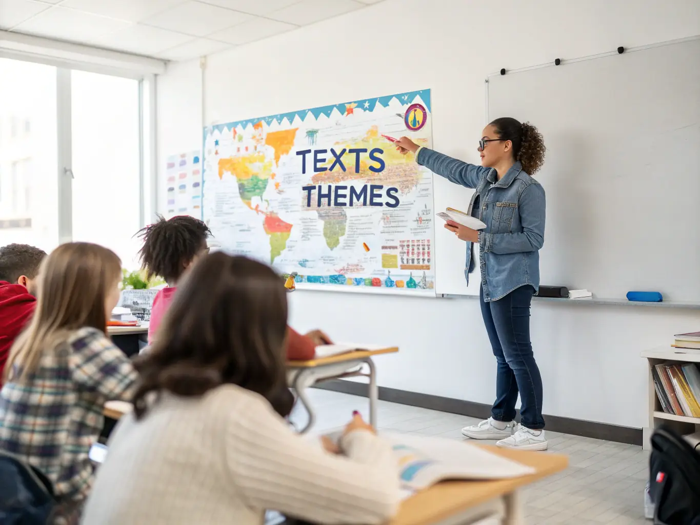 A photograph of a classroom setting where a writer is leading a workshop for students, with books and writing materials scattered around. The atmosphere is engaging and interactive, highlighting the importance of literary education.
