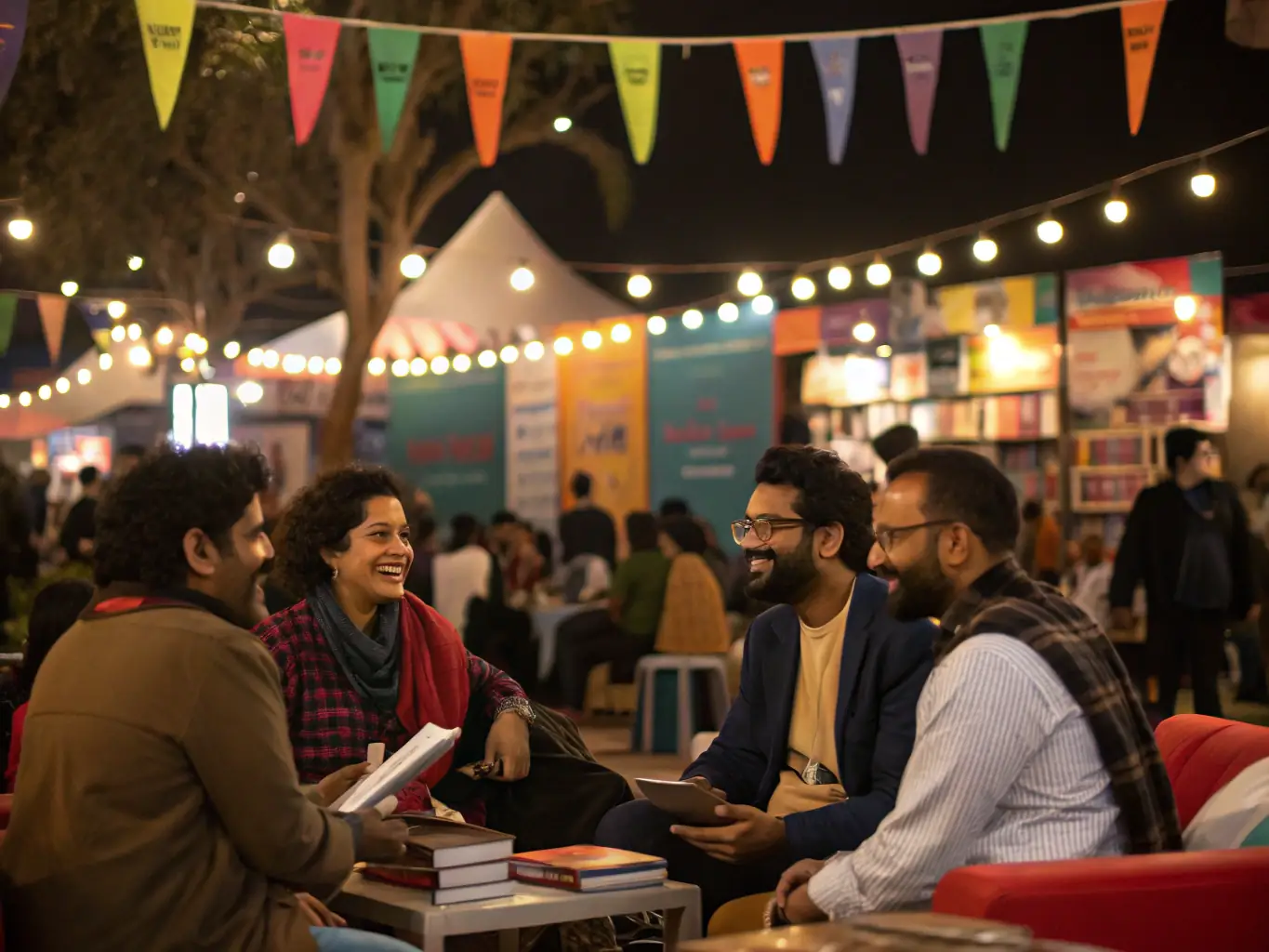 A photograph capturing a scene from a literary festival held at a writer's house, with authors giving readings, panel discussions taking place, and attendees browsing book stalls. The atmosphere is lively and engaging, with a sense of celebration of literature.