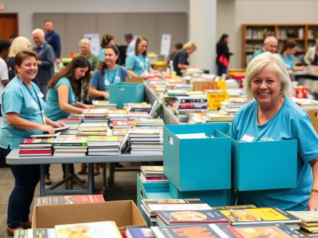 A group of volunteers working together at a writers' house, restoring books and archival materials, showcasing the hands-on effort in preserving literary heritage.
